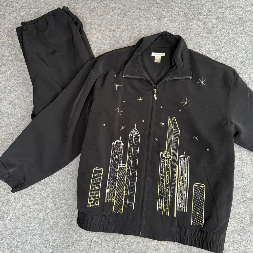 Vtg Track Suit‎ Womens Medium Black City Skyline Embroidered Jacket Pants Bling